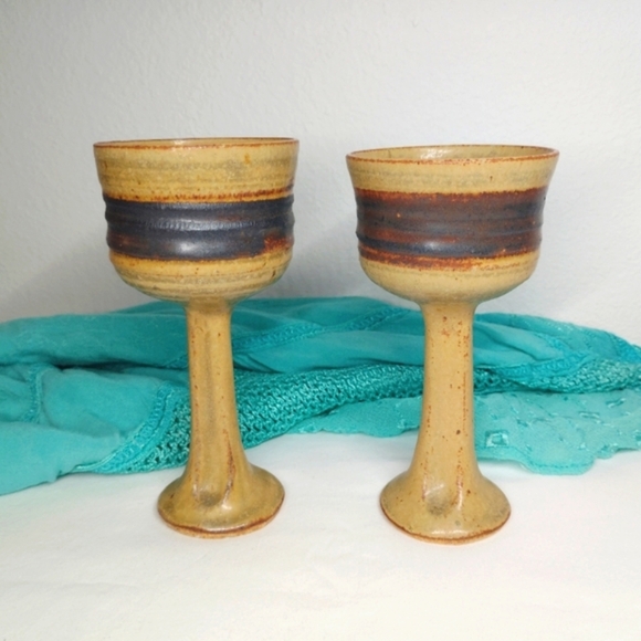 Marj Peeler Pottery Wine Goblet Clay Chalice Earthenware Vintage Folk Art Pair 2 - Picture 13 of 13